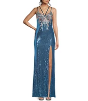 Dear Moon Sequin Butterfly Applique V-Neck Lace Up Back Cutout Gown