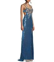 Dear Moon Sequin Butterfly Applique V-Neck Lace Up Back Cutout Gown