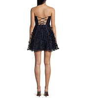 Dear Moon Strapless Ruched Glitter Mesh 3D Butterfly Skirt Dress