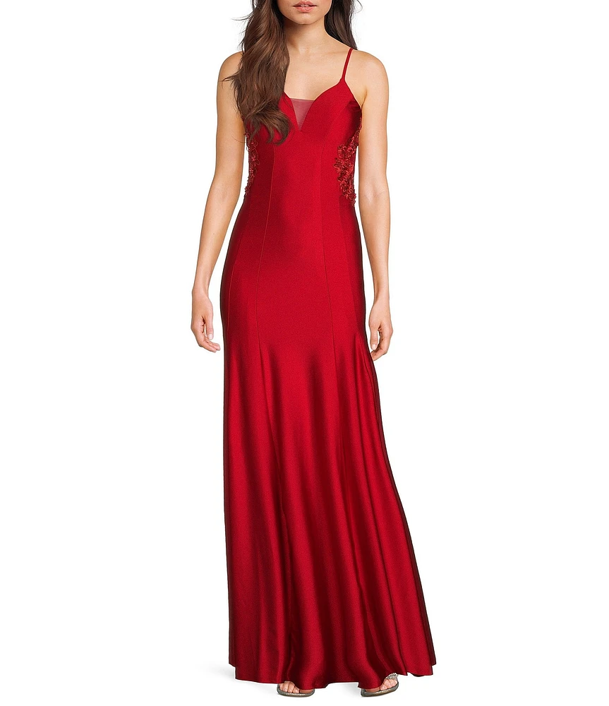 Dear Moon V-Neck Spaghetti Strap Embellished Double Princess Seam Cut Out Back Gown