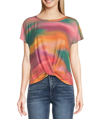 Democracy Abstract Tie Dye Print Crew Neck Short Sleeve Twist Front Hem Knit Top