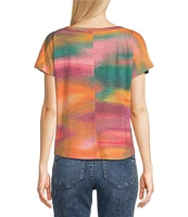 Democracy Abstract Tie Dye Print Crew Neck Short Sleeve Twist Front Hem Knit Top