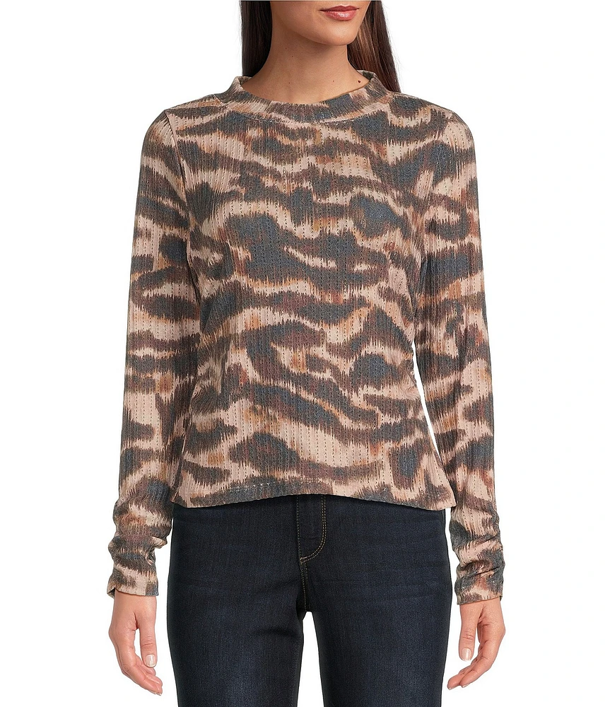 Democracy Animal Print Crew Neck Ruched Long Sleeve Knit Top