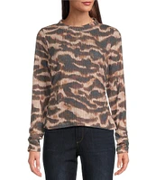 Democracy Animal Print Crew Neck Ruched Long Sleeve Knit Top