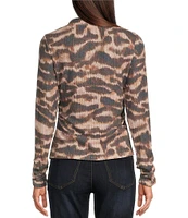 Democracy Animal Print Crew Neck Ruched Long Sleeve Knit Top