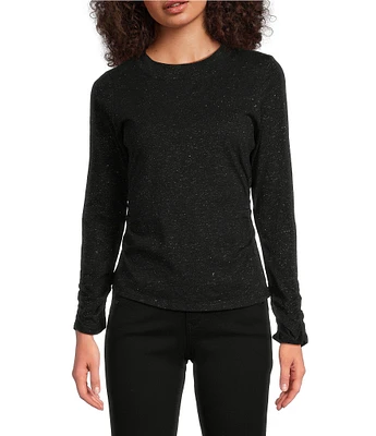 Democracy Metallic Thread Knit Crew Neck Long Sleeve Ruched Detail Top