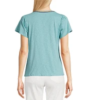Democracy Contrast Crochet Scoop Neck Ruched Detail Short Sleeve Knit Top