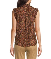 Democracy Ditsy Floral Print Woven Ruched Ruffle Stand Collar Sleeveless Ruffle Edge Top