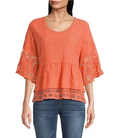 Democracy Allover Embroidered Scoop Neck 3/4 Sleeve Scallop edge Double Layer Hem Peplum Top