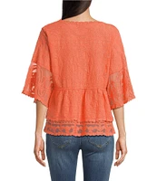 Democracy Allover Embroidered Scoop Neck 3/4 Sleeve Scallop edge Double Layer Hem Peplum Top