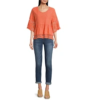 Democracy Allover Embroidered Scoop Neck 3/4 Sleeve Scallop edge Double Layer Hem Peplum Top