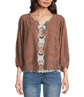 Democracy Embroidered 3/4 Blouson Sleeve Open-Front Crochet Jacket
