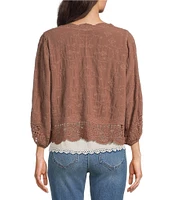 Democracy Embroidered 3/4 Blouson Sleeve Open-Front Crochet Jacket
