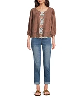 Democracy Embroidered 3/4 Blouson Sleeve Open-Front Crochet Jacket