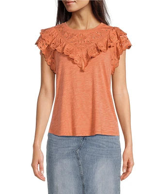 Democracy Embroidered Eyelet Yoke Ruffle Trim Detail Crew Neck Short Flutter Sleeve Top