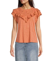 Democracy Embroidered Eyelet Yoke Ruffle Trim Detail Crew Neck Short Flutter Sleeve Top