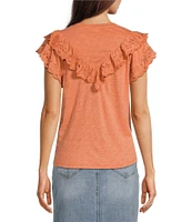 Democracy Embroidered Eyelet Yoke Ruffle Trim Detail Crew Neck Short Flutter Sleeve Top