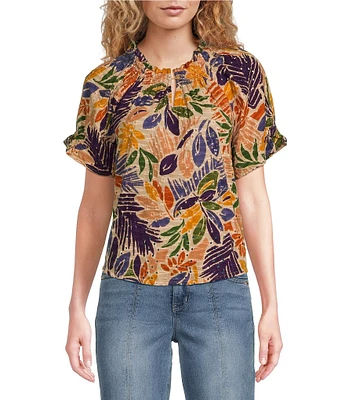 Democracy Embroidered Floral Palm Leaf Print Split Round Smock Neck Short Sleeve Woven Top