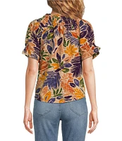 Democracy Embroidered Floral Palm Leaf Print Split Round Smock Neck Short Sleeve Woven Top