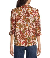 Democracy Embroidered Leaf Print Round Ruffle Neck Elbow Sleeve Pintuck Woven Top