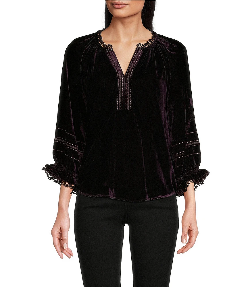 Democracy Embroidered Woven Split V-Neck 3/4 Blouson Sleeve Ruffled Edge Detail Top