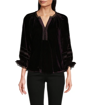 Democracy Embroidered Woven Split V-Neck 3/4 Blouson Sleeve Ruffled Edge Detail Top