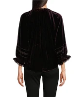 Democracy Embroidered Woven Split V-Neck 3/4 Blouson Sleeve Ruffled Edge Detail Top