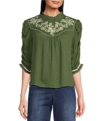 Democracy Embroidered Yoke Woven Round Neck Elbow Sleeve Ruffle Trim Top