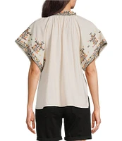 Democracy Floral Embroidered Ruffle Split V-Neck Short Batwing Sleeve Top