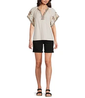 Democracy Floral Embroidered Ruffle Split V-Neck Short Batwing Sleeve Top