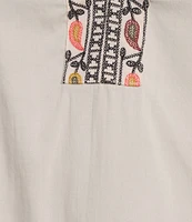 Democracy Floral Embroidered Ruffle Split V-Neck Short Batwing Sleeve Top