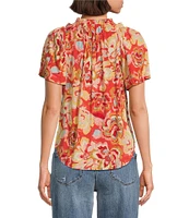 Democracy Floral Print Ruffled Trim Notch Neck Short Bell Sleeve Top