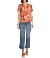 Democracy Floral Print Ruffled Trim Notch Neck Short Bell Sleeve Top