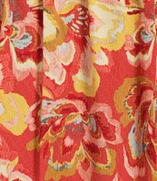 Democracy Floral Print Ruffled Trim Notch Neck Short Bell Sleeve Top