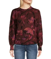 Democracy Floral Ribbed Crew Neck Long Puff Sleeve Sweater Top