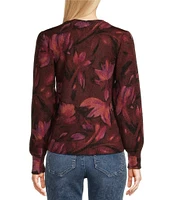 Democracy Floral Ribbed Crew Neck Long Puff Sleeve Sweater Top