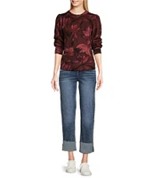 Democracy Floral Ribbed Crew Neck Long Puff Sleeve Sweater Top