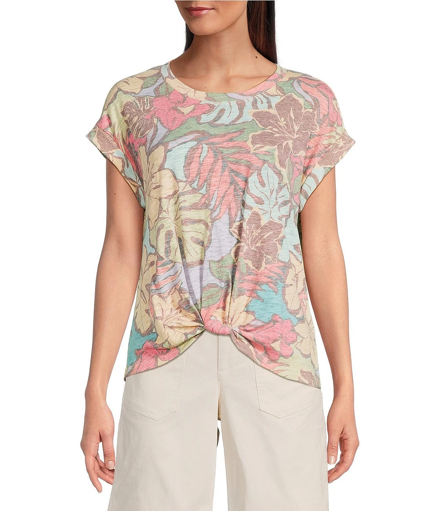 Democracy Floral Scoop Neck Short Roll Cuff Sleeve Knit Top