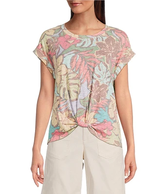 Democracy Floral Scoop Neck Short Roll Cuff Sleeve Knit Top