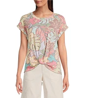 Democracy Floral Scoop Neck Short Roll Cuff Sleeve Knit Top