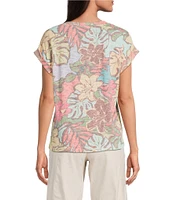Democracy Floral Scoop Neck Short Roll Cuff Sleeve Knit Top