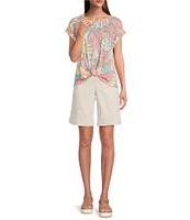 Democracy Floral Scoop Neck Short Roll Cuff Sleeve Knit Top
