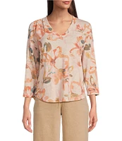 Democracy Knit Floral V-Neck 3/4 Sleeve Shirttail Hem Top