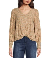 Democracy Knit Printed V-Neck Long Sleeve Twisted Hem Top