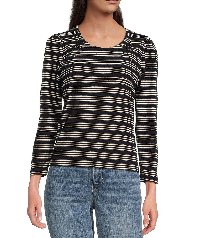 Democracy Knit Stripe Lace up Yoke Detail Scoop Neck 3/4 Sleeve Top