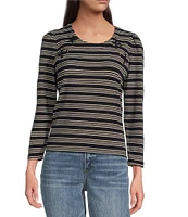 Democracy Knit Stripe Lace up Yoke Detail Scoop Neck 3/4 Sleeve Top