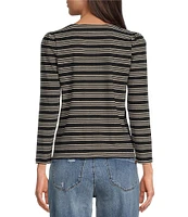 Democracy Knit Stripe Lace up Yoke Detail Scoop Neck 3/4 Sleeve Top