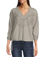 Democracy Knit V-Neck Long Sleeve Embroidered Sequins Casing Hem Tie Top