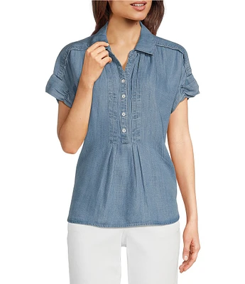 Democracy Lyocell Point Collar Ruched Short Sleeve Pleated Shirt