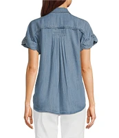 Democracy Lyocell Point Collar Ruched Short Sleeve Pleated Shirt